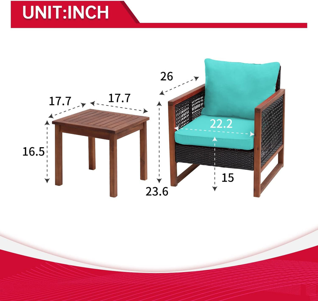 FDW 3-Piece Patio Bistro Set Acacia Wood Outdoor Chat Conversation Table Chair Set Outdoor Wood Chat Set with Water Resistant Cushions and Coffee Table for Beach Backyard Garden,Blue Cushion