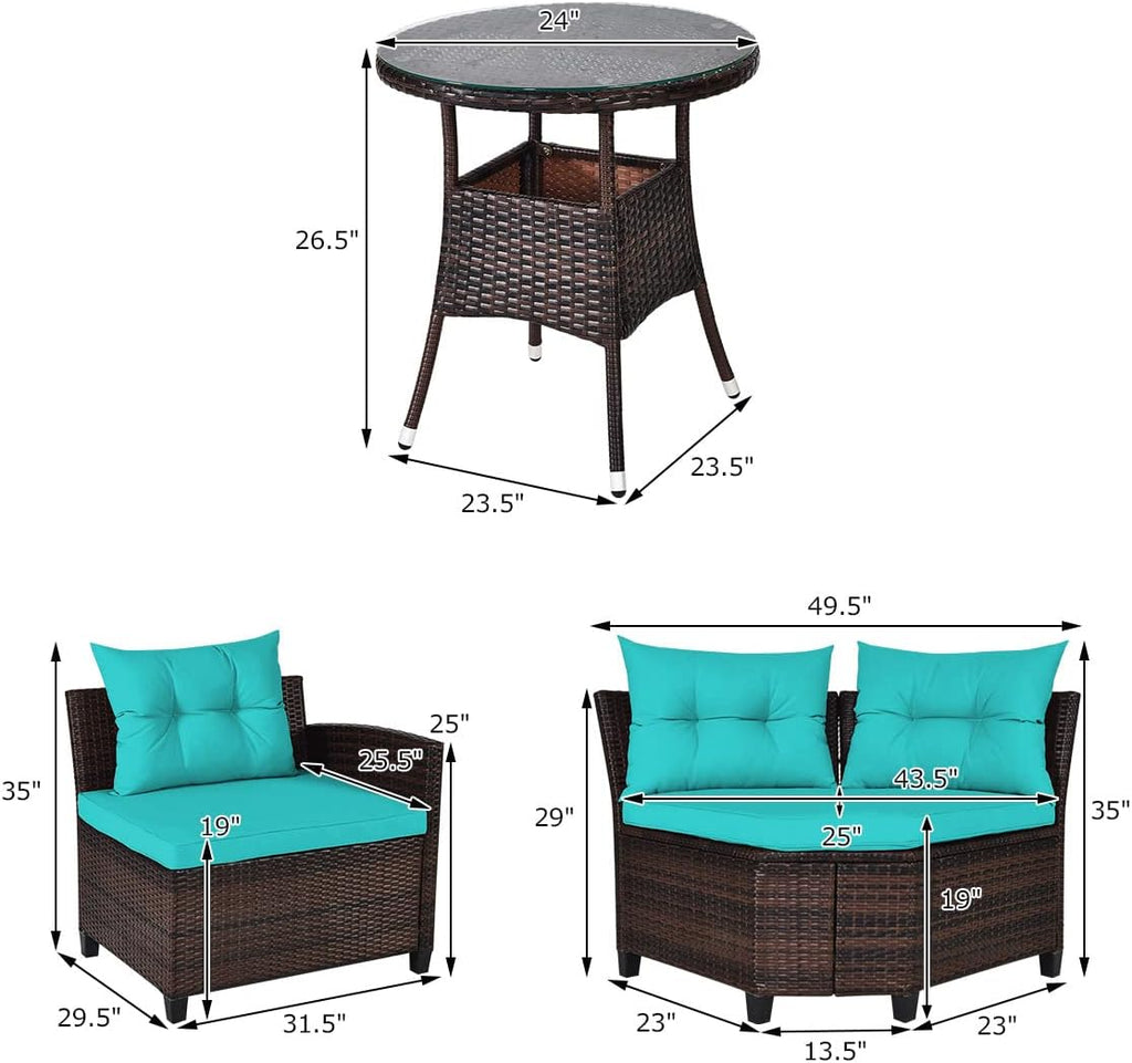 Tangkula 4-Piece C Shape Patio Furniture Set, Outdoor Corner Wicker Rattan Sectional Cushioned Sofa Set, with Glass Coffee Table, for Garden Poolside Balcony (Turquoise)