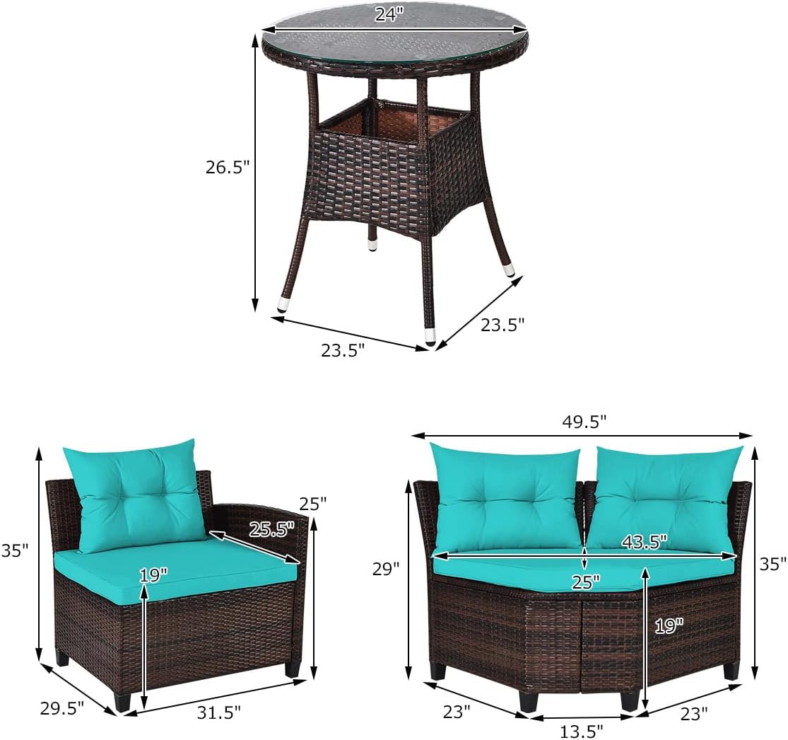 Tangkula 4-Piece C Shape Patio Furniture Set, Outdoor Corner Wicker Rattan Sectional Cushioned Sofa Set, with Glass Coffee Table, for Garden Poolside Balcony (Turquoise)
