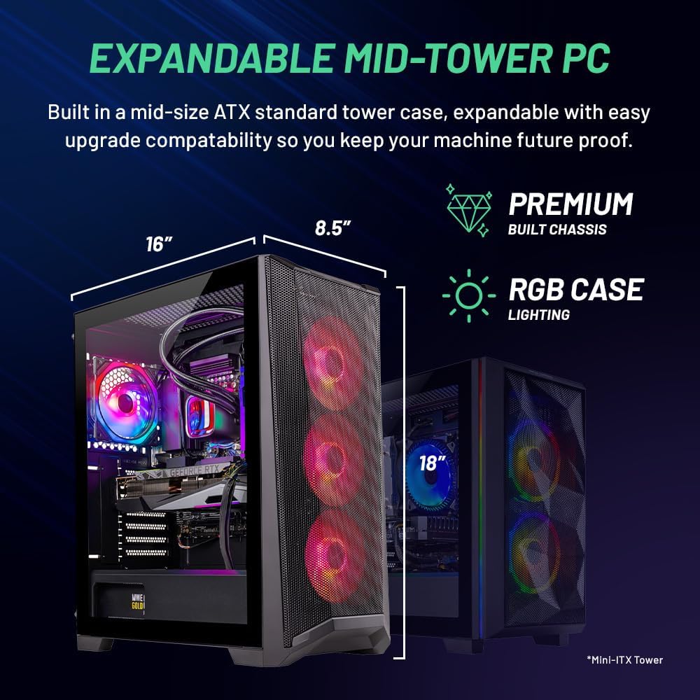 Skytech Gaming Chronos Gaming PC, Ryzen 7 7700X 4.5 GHz, RTX 4070, 1TB NVME, 32GB DDR5 RAM RGB, 650W Gold PSU Wi-Fi, Win 11 Home, RGB-Keyboard and RGB-Mouse Included