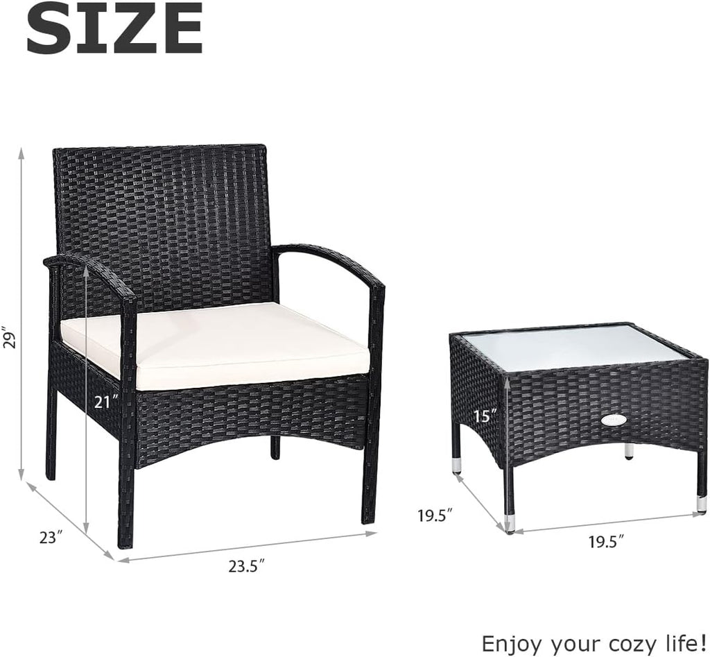 COSTWAY 3 PCS Patio Wicker Conversation Set, PE Rattan Sofa with Tempered Glass Coffee Table, 2 Chairs, 2 Cushions, Outdoor Patio Furniture Set for Yard Porch Bistro Balcony Backyard Pool, White
