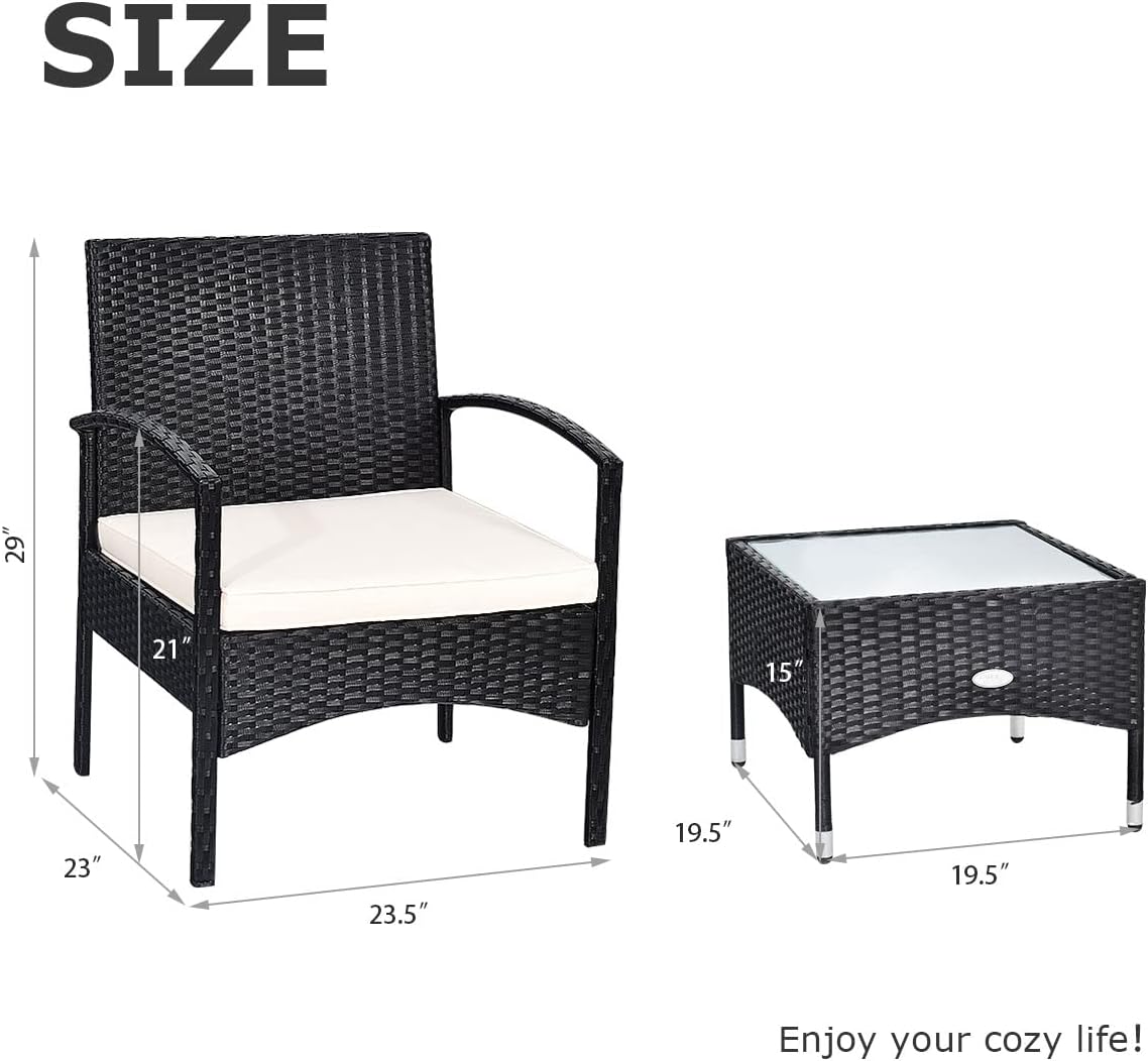 COSTWAY 3 PCS Patio Wicker Conversation Set, PE Rattan Sofa with Tempered Glass Coffee Table, 2 Chairs, 2 Cushions, Outdoor Patio Furniture Set for Yard Porch Bistro Balcony Backyard Pool, White