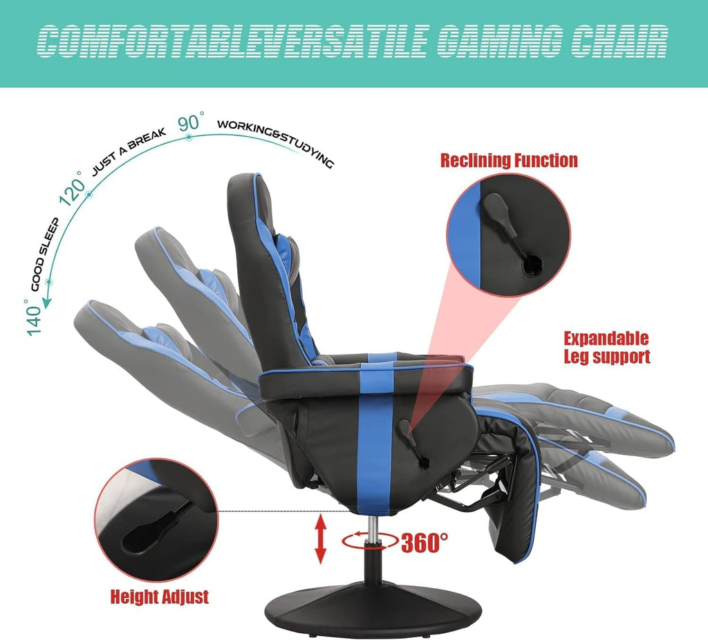 LVUYOYO Reclining Gaming Chair, Massage Gaming Chairs for Adults, High Back PU Leather Game Recliner w/Adjustable Height, Swivel Game Chair with Lumbar Support, Cup Holder, Headrest