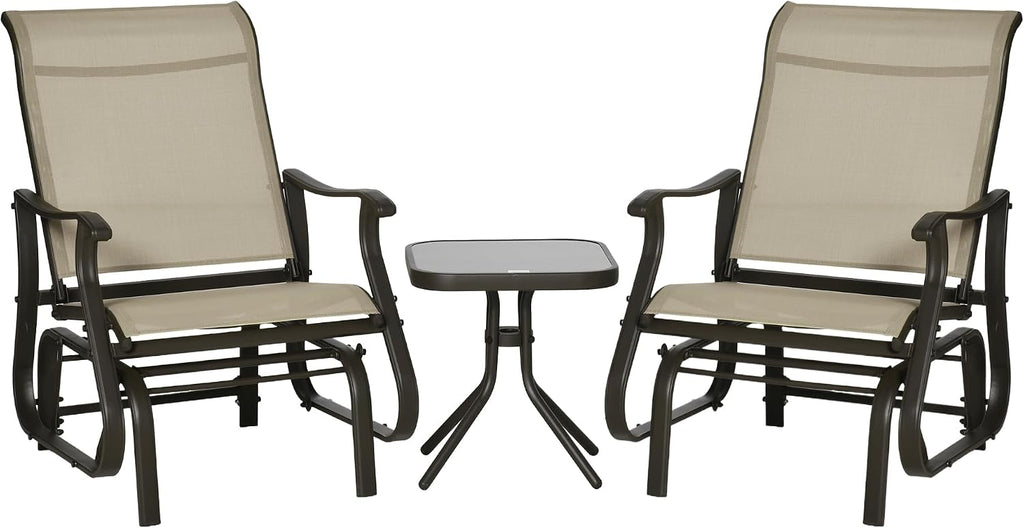 Outsunny 3-Piece Outdoor Gliders Set, Bistro Table and Chairs with Steel Frame, Tempered Glass Top Table for Patio, Garden, Backyard, Lawn, Gray