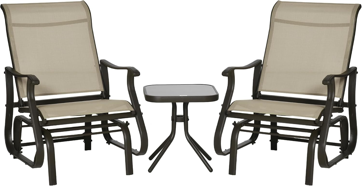 Outsunny 3-Piece Outdoor Gliders Set, Bistro Table and Chairs with Steel Frame, Tempered Glass Top Table for Patio, Garden, Backyard, Lawn, Gray