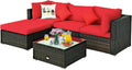 COSTWAY 5-Piece Outdoor Patio Furniture Set, Glass Top Coffee Table and Lounge Sofa with Cushions, PE Rattan Conversation Set for Garden, Deck, Backyard (Red)