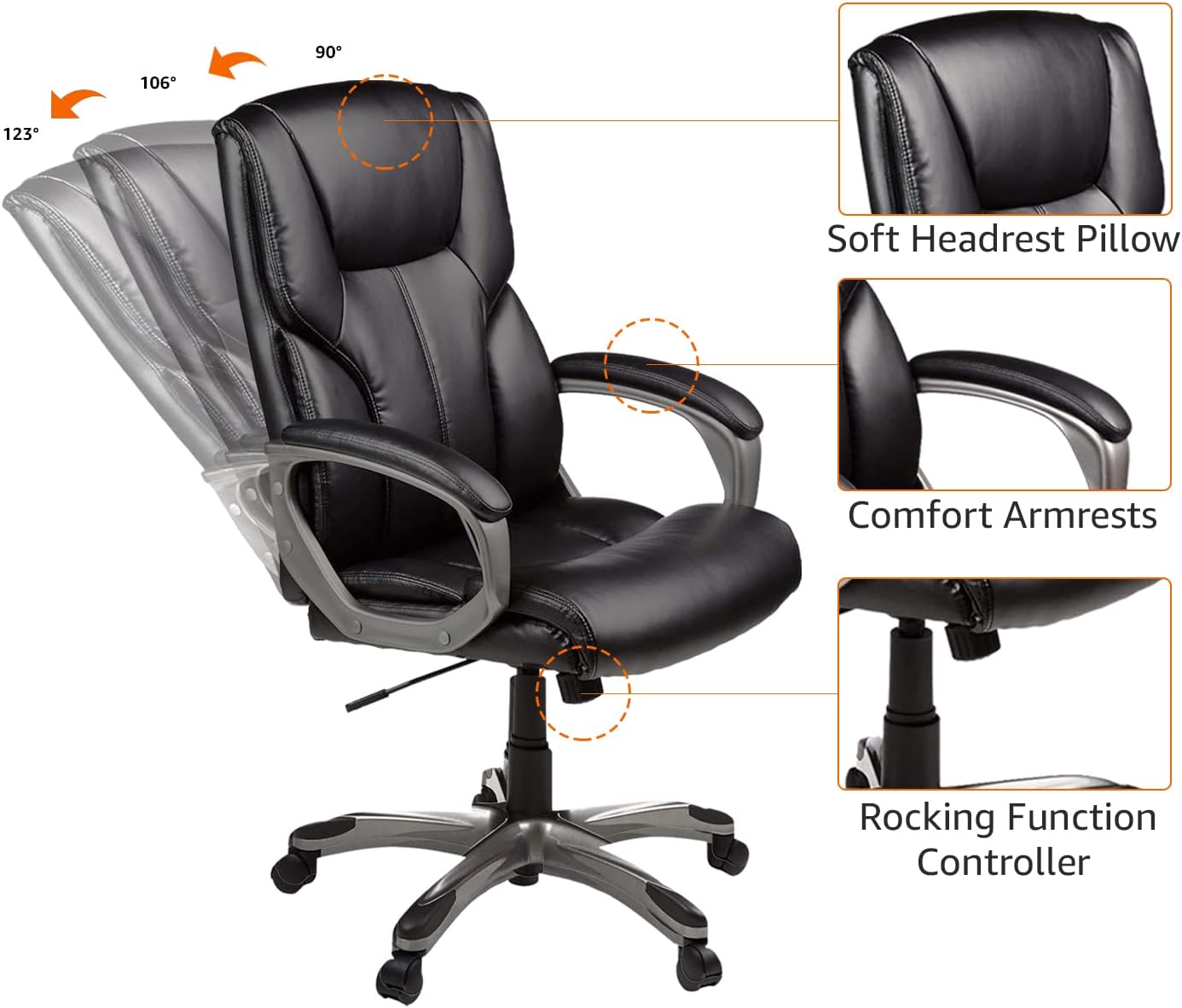 Amazon Basics Executive High Back Office Chair, Adjustable Height, Tilt, Swivel, Padded Seat, Bonded Leather, Wheels, Black/Silver