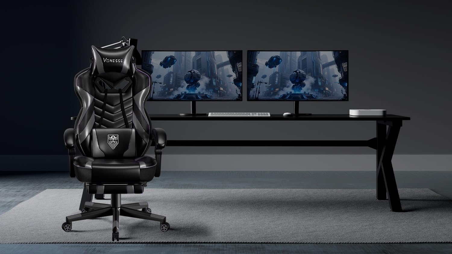 Vonesse Gaming Chair, Big and Tall Gaming Chair with Footrest and Massage, Gaming Chairs for Adults with Lumbar Support, Ergonomic High Back Computer Chair with Pocket Spring Cushion (Grey/Black)