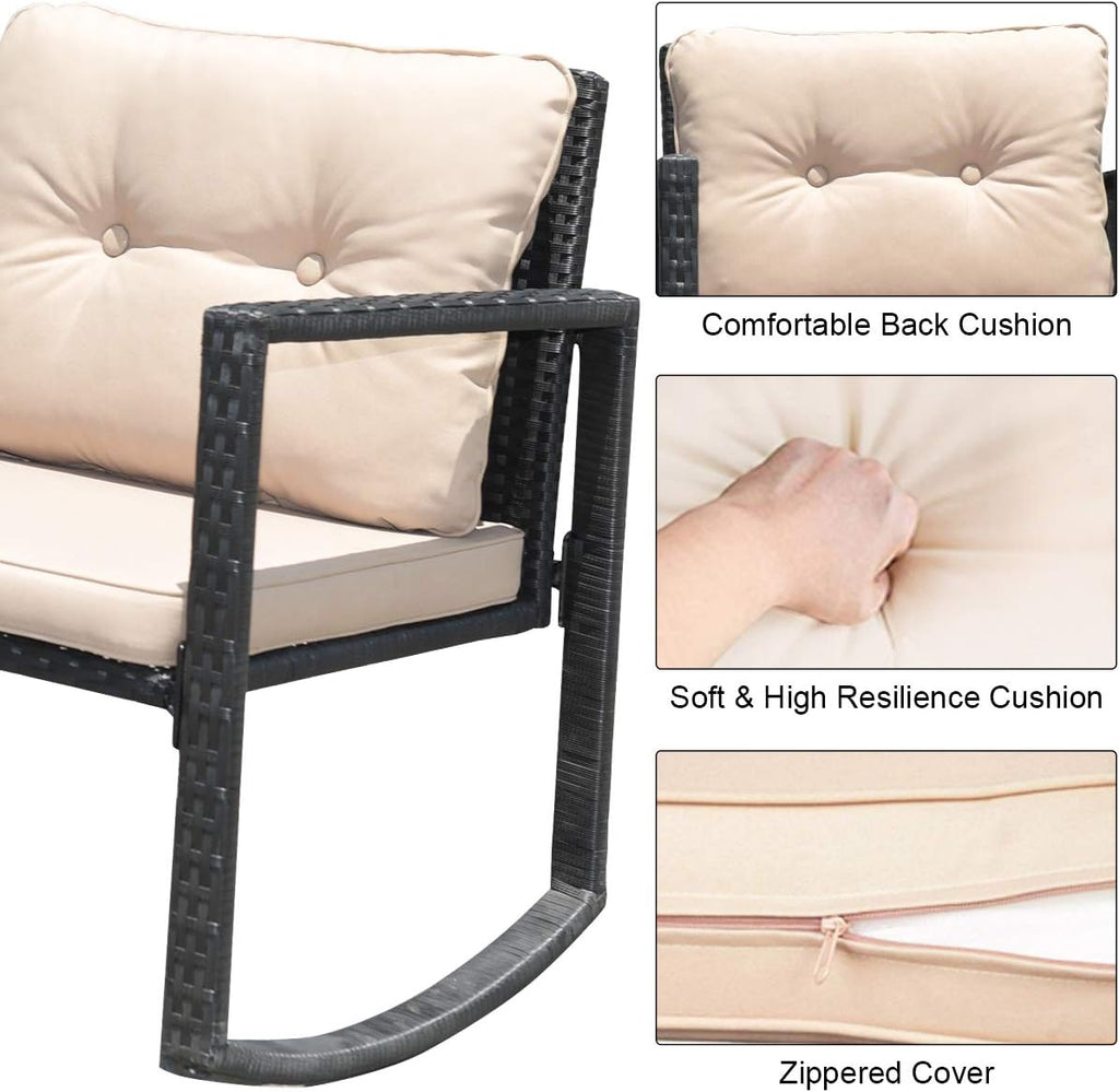 COSTWAY 3 Pieces Patio Rattan Rocking Chair Set, Outdoor Conversation Furniture Sets with Coffee Table, Storage Shelf and Cushions, Modern Bistro Set for Porch, Backyard, Garden, Beige