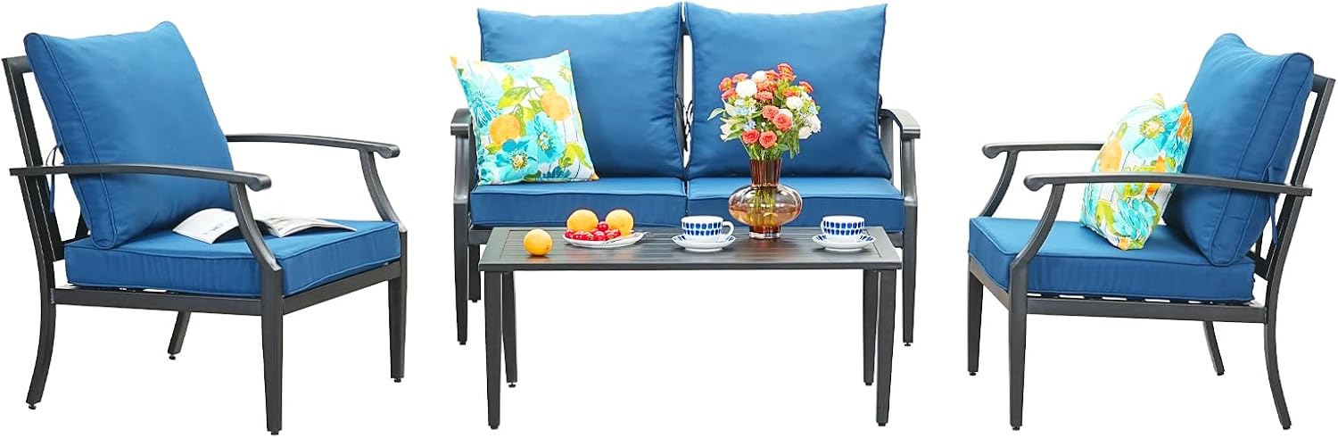 4-Piece Patio Furniture Set, Wider Outdoor Metal Seating Sofa with High Back & Loveseat, Coffee Table, All Weather Metal Conversation Set for Backyard, Poolside, Deck-Peacock