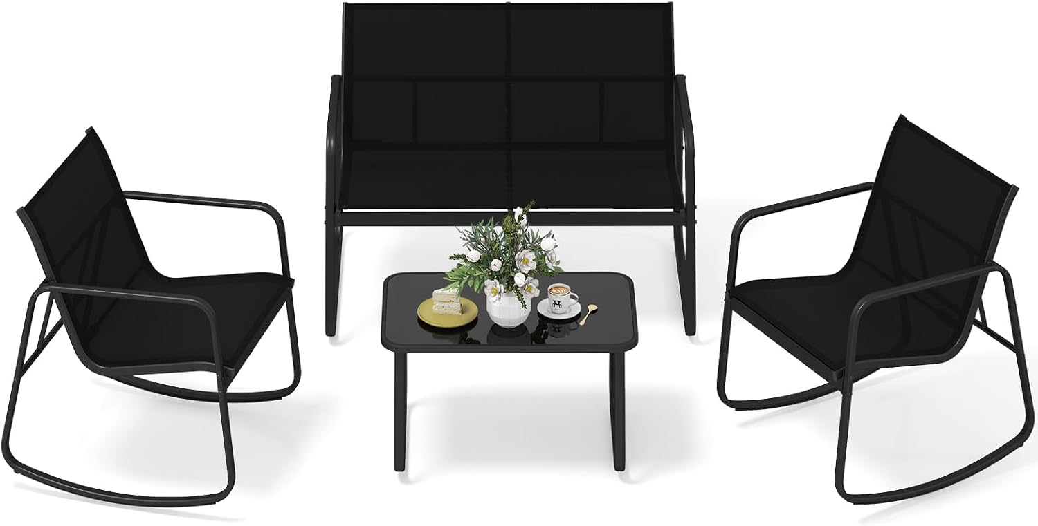 Tangkula 4 Piece Patio Furniture Set, Outdoor Rocking Bistro Set with 2 Rocking Chairs, Loveseat & Tempered Glass Coffee Table, Porch Rocker Chair Conversation Set for Balcony Poolside Garden