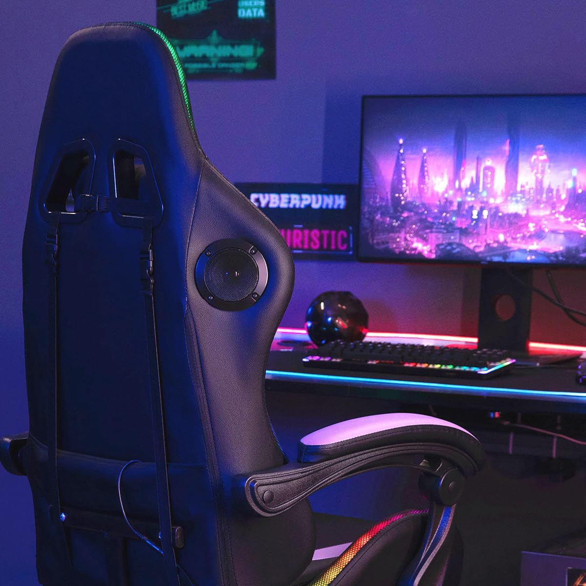 HOFFREE RGB Gaming Chair with Speakers and Massage Ergonomic Computer Chair with Lights and Footrest Reclining Video Game Chairs for Adults Purple and Black