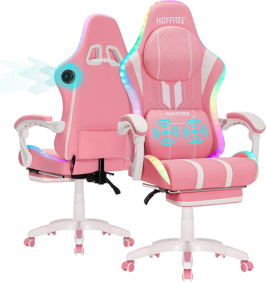 HOFFREE Pink Led Gaming Chair with Bluetooth Speakers Massage Gaming Chair with RGB Lights Big and Tall Gamer Chairs for 400lbs Heavy People High Back Computer Desk Chair with Footerst Pink and White