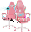 HOFFREE Pink Led Gaming Chair with Bluetooth Speakers Massage Gaming Chair with RGB Lights Big and Tall Gamer Chairs for 400lbs Heavy People High Back Computer Desk Chair with Footerst Pink and White