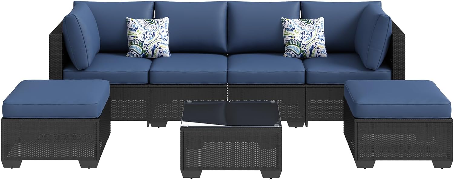U-MAX 7 Piece Outdoor Patio Furniture Set, PE Rattan Wicker Sofa Set, Outdoor Sectional Furniture Chair Set with Navy Cushions and Tea Table, Black Rattan