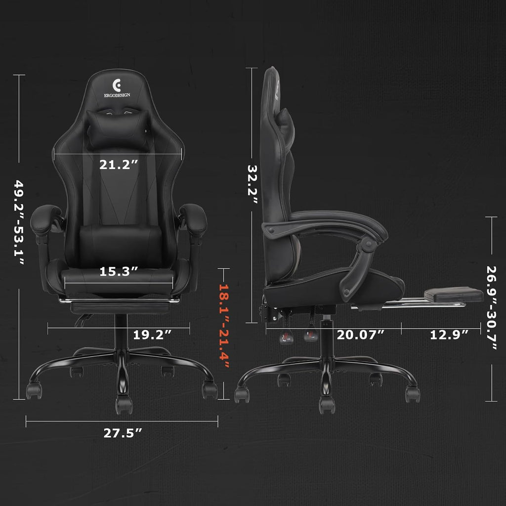 Gaming Chair with Linkage Armrest & Footrest, High Back Video Gaming Chair, Black