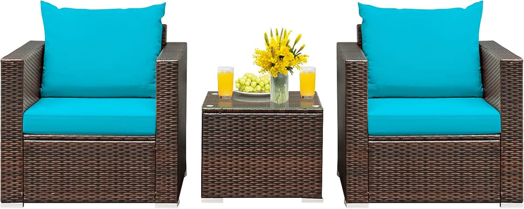 HAPPYGRILL 3 Pieces Patio Furniture Set PE Rattan Wicker Sofa Set with Cushions and Coffee Table Outdoor Patio Conversation Set for Garden Poolside Balcony