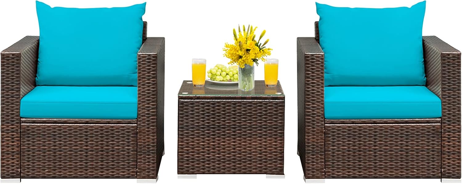 HAPPYGRILL 3 Pieces Patio Furniture Set PE Rattan Wicker Sofa Set with Cushions and Coffee Table Outdoor Patio Conversation Set for Garden Poolside Balcony