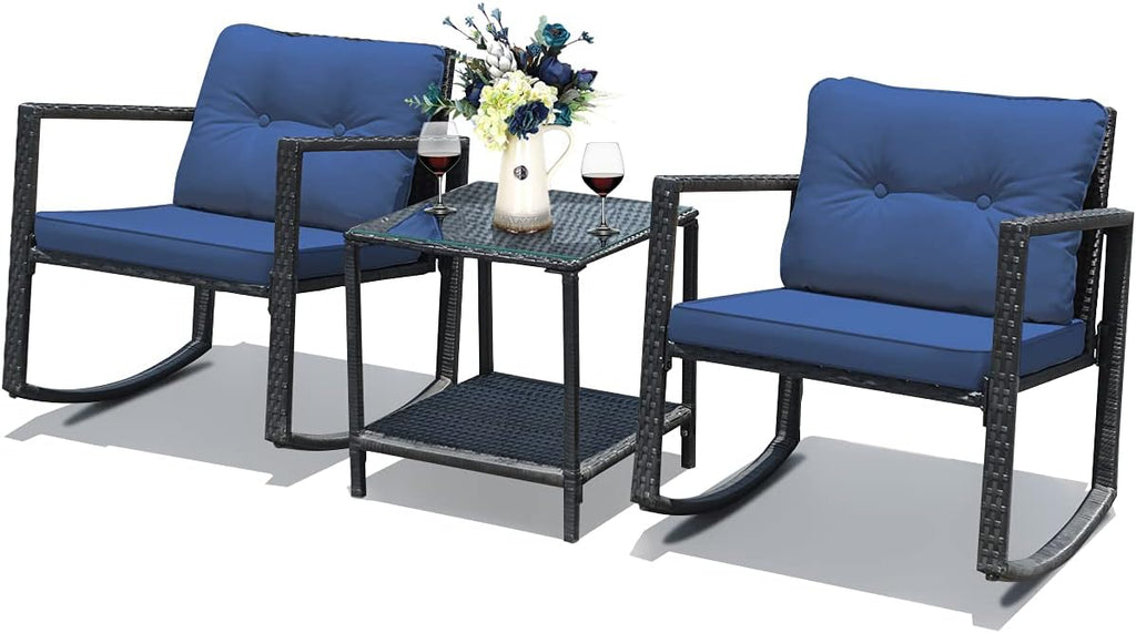 COSTWAY 3 Pieces Patio Rattan Rocking Chair Set, Outdoor Conversation Furniture Sets with Coffee Table, Storage Shelf and Cushions, Modern Bistro Set for Porch, Backyard, Garden, Navy