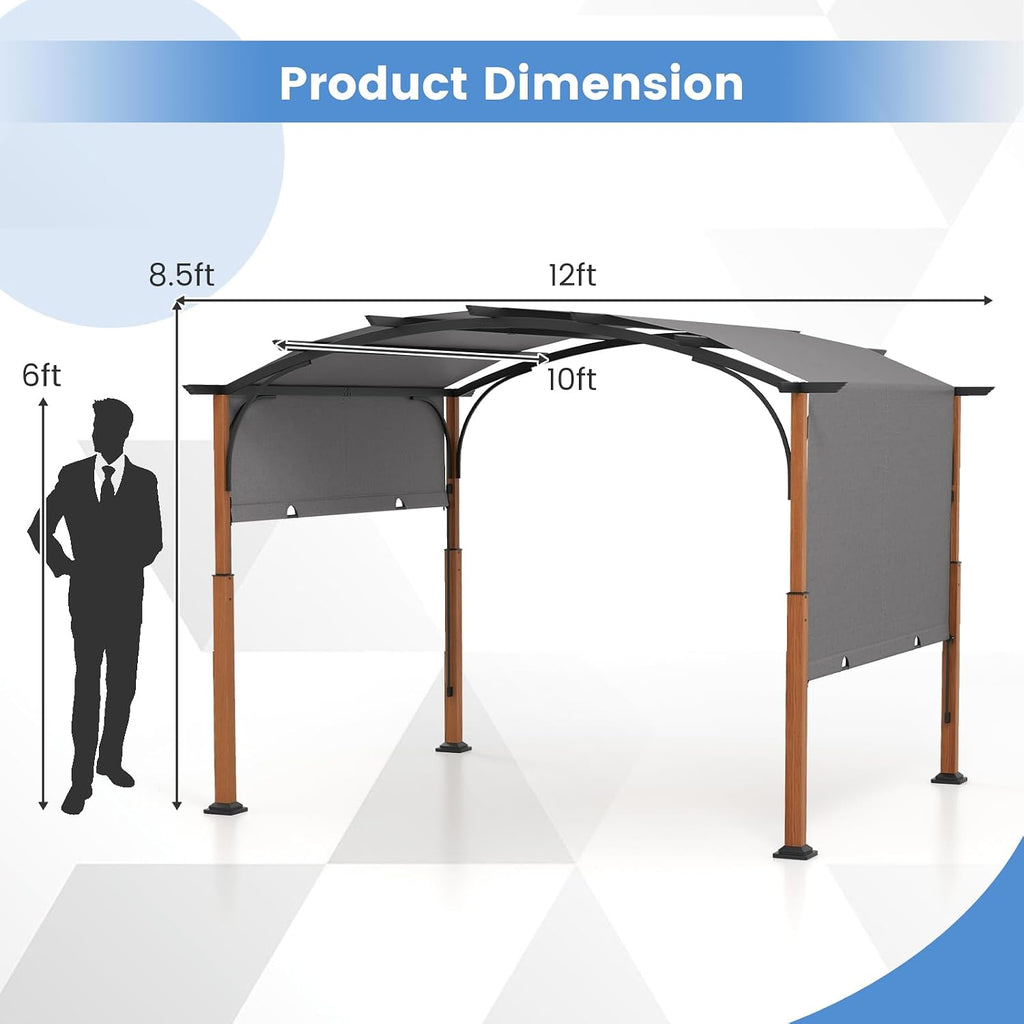 Tangkula 10x12Ft Pergola, Arched,with Retractable Sun Shade Canopy, Extra Large Patio Shelter Pavilion, Outdoor Pergola for Deck, Porch, Garden, Yard (Grey)