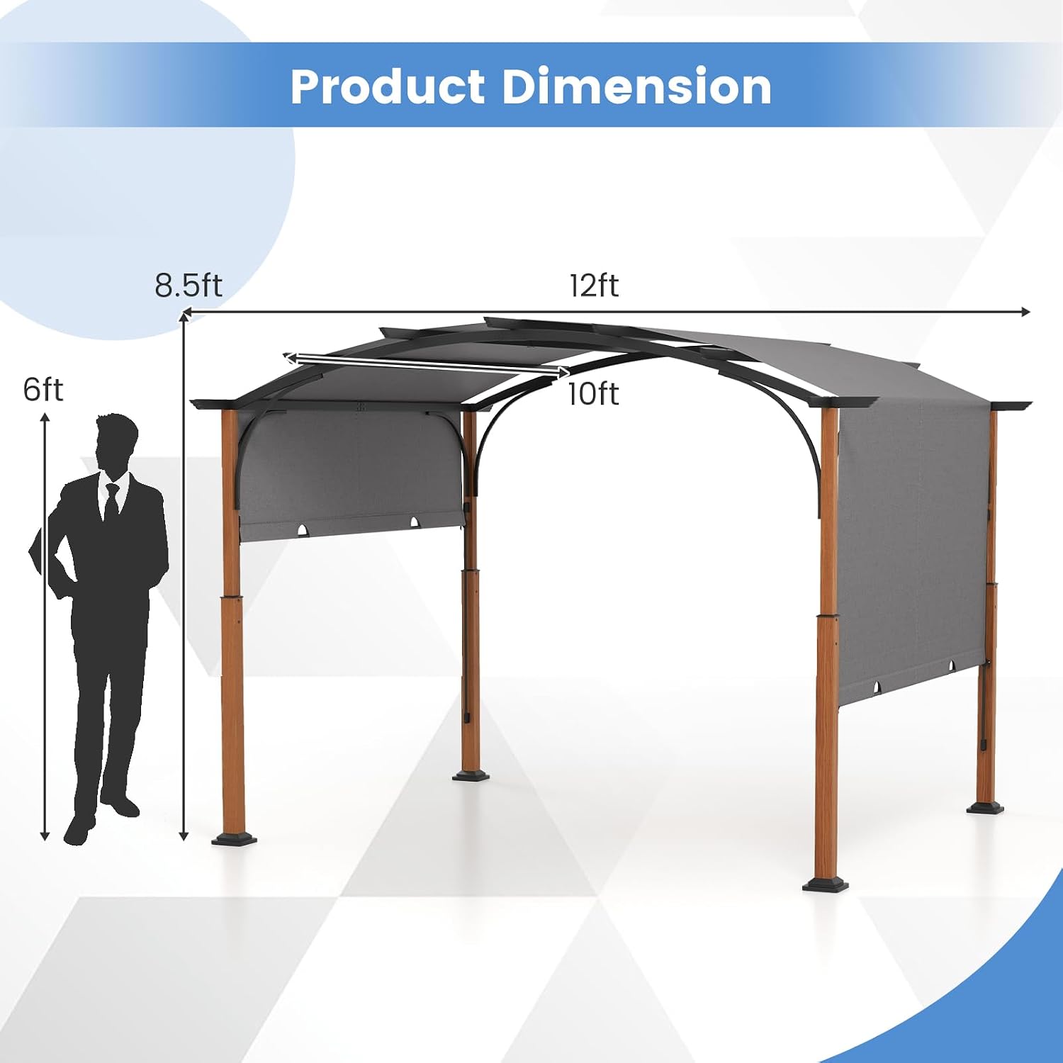 Tangkula 10x12Ft Pergola, Arched,with Retractable Sun Shade Canopy, Extra Large Patio Shelter Pavilion, Outdoor Pergola for Deck, Porch, Garden, Yard (Grey)