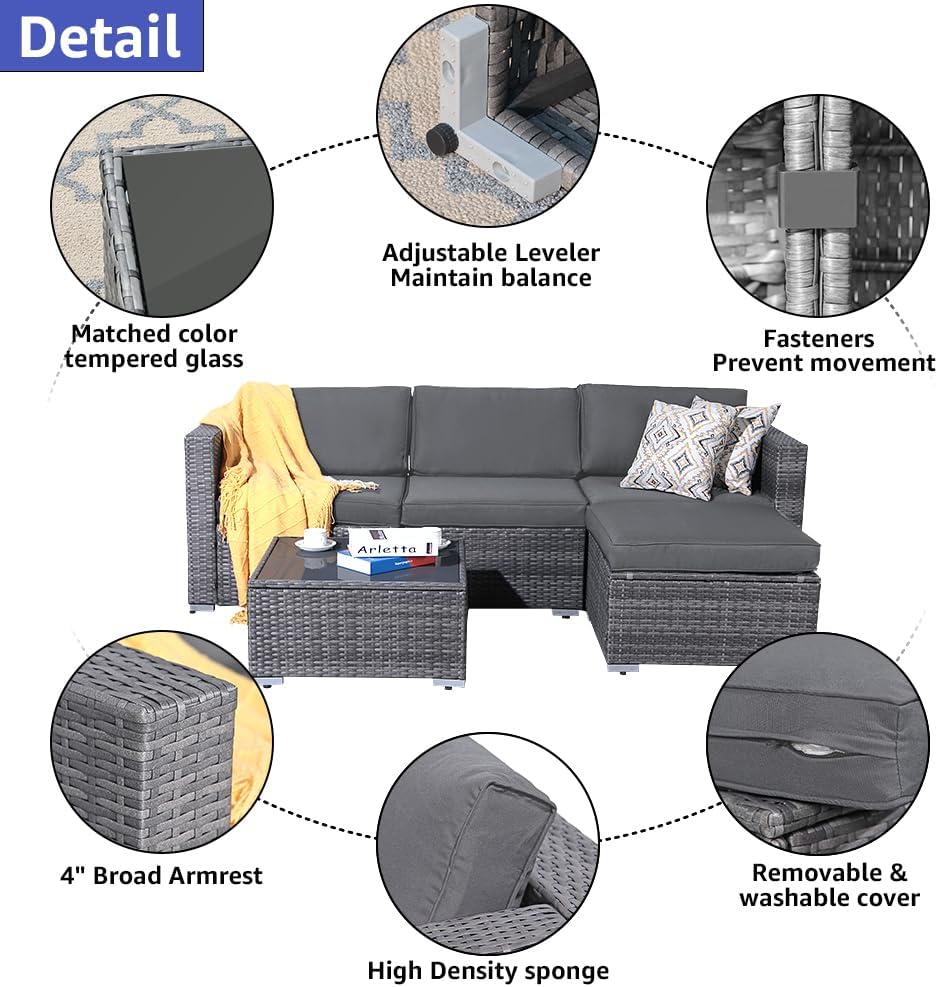Patiorama 5 Piece Outdoor Patio Furniture Set, Outdoor Sectional Conversation Set, All-Weather Grey PE Wicker w/Dark Grey Cushions, Outdoor Backyard Porch Garden Poolside Balcony Furniture Set