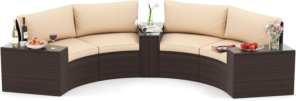 Tangkula 5 Pieces Patio Furniture Set, PE Rattan Half-Moon Curved Sectional Sofas with Tempered Glass Top Side Tables, Outdoor Conversation Set for Porch, Backyard & Poolside (Beige) | Breathable material