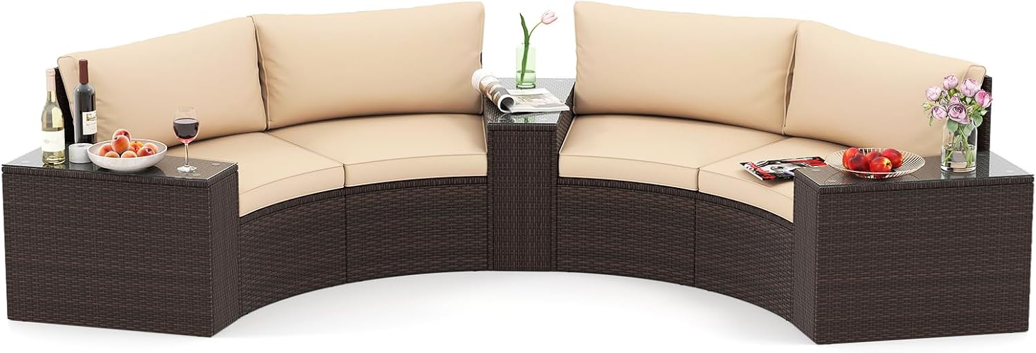 Tangkula 5 Pieces Patio Furniture Set, PE Rattan Half-Moon Curved Sectional Sofas with Tempered Glass Top Side Tables, Outdoor Conversation Set for Porch, Backyard & Poolside (Beige) | Breathable material
