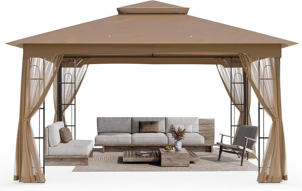Outdoor Gazebo with Mosquito Netting 13x11 at Top and 12x10 at Base, Double Tier Roof Patio Gazebo Pavilion for Backyards, Patio, Garden and Lawn, Brown