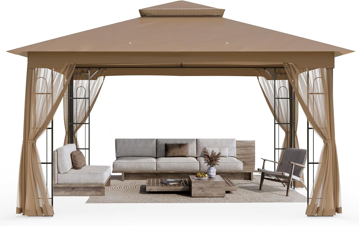Outdoor Gazebo with Mosquito Netting 13x11 at Top and 12x10 at Base, Double Tier Roof Patio Gazebo Pavilion for Backyards, Patio, Garden and Lawn, Brown