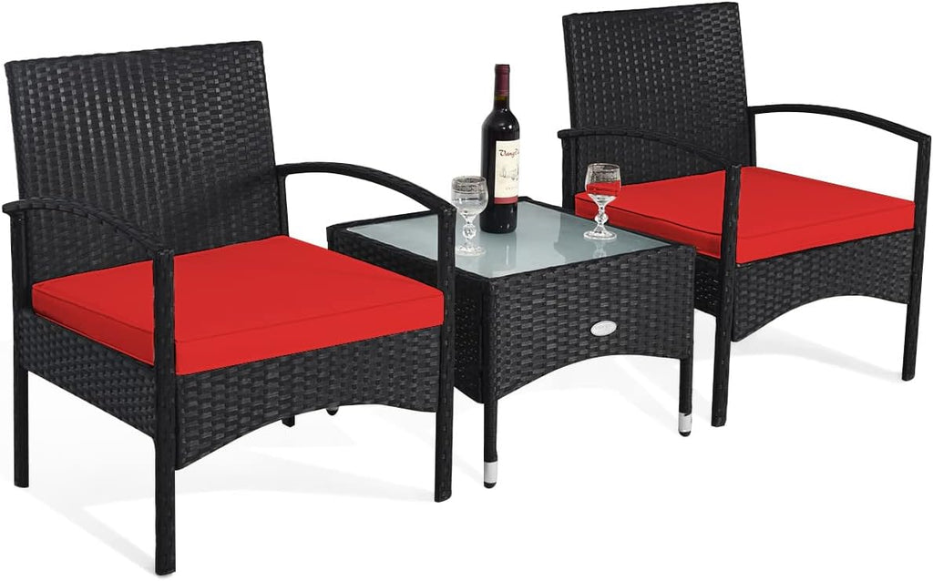 COSTWAY 3 PCS Patio Wicker Conversation Set, PE Rattan Sofa with Tempered Glass Coffee Table, 2 Chairs, 2 Cushions, Outdoor Patio Furniture Set for Yard Porch Bistro Balcony Backyard Pool, Red