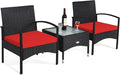 COSTWAY 3 PCS Patio Wicker Conversation Set, PE Rattan Sofa with Tempered Glass Coffee Table, 2 Chairs, 2 Cushions, Outdoor Patio Furniture Set for Yard Porch Bistro Balcony Backyard Pool, Red