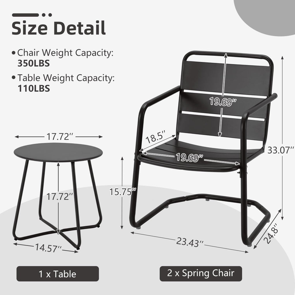 MELLCOM 3 Piece Patio Set, Small Patio Furniture Set - 2 C-Spring Metal Chairs with Round Side Table, Outdoor Bistro Set for Balcony, Front Porch, Poolside, Garden, Deck, Black