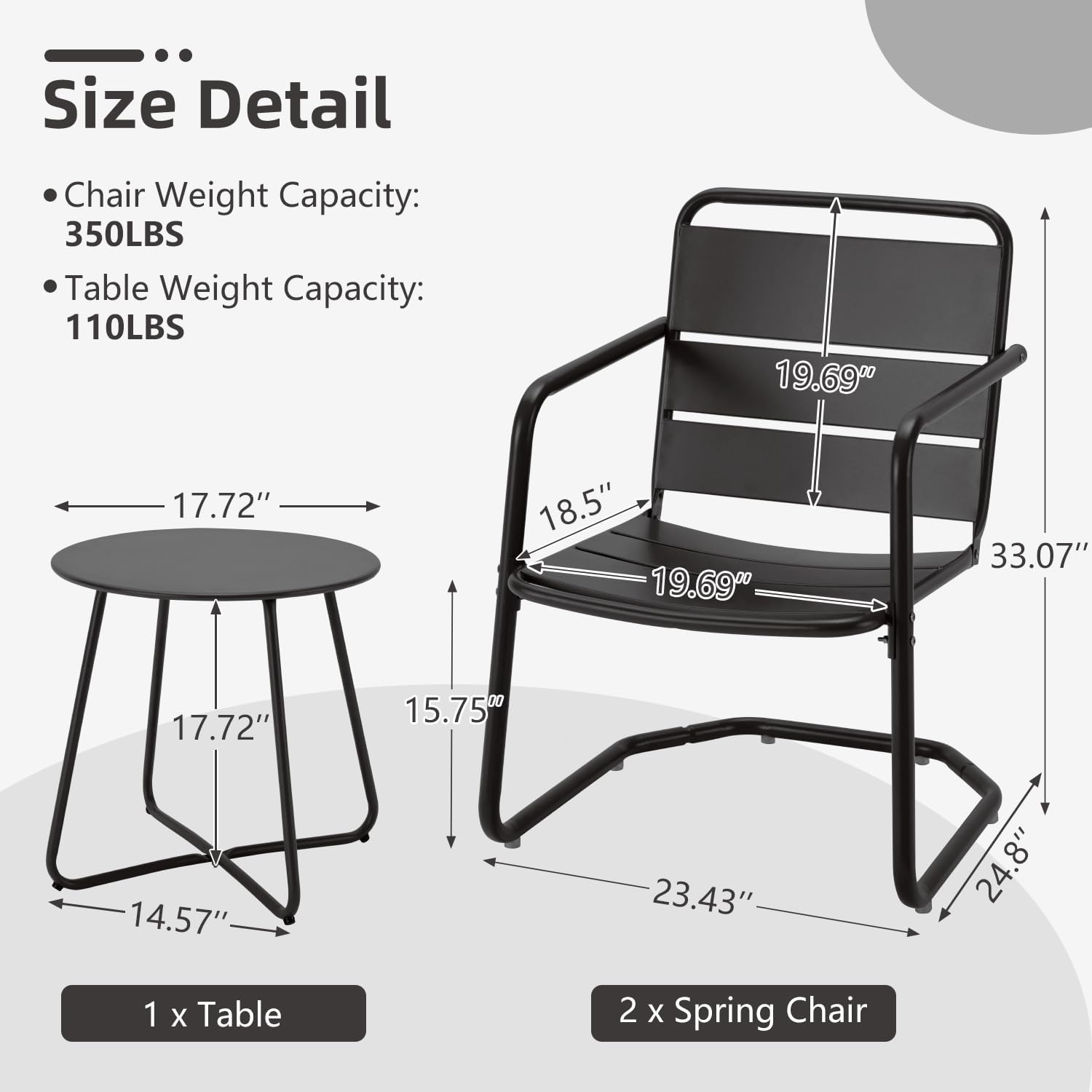 MELLCOM 3 Piece Patio Set, Small Patio Furniture Set - 2 C-Spring Metal Chairs with Round Side Table, Outdoor Bistro Set for Balcony, Front Porch, Poolside, Garden, Deck, Black