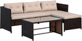 Outsunny 3 Piece Patio Furniture Set, Rattan Outdoor Sofa Set with Chaise Lounge & Loveseat, Soft Cushions, Tempered Glass Table, L-Shaped Sectional Couch, Beige