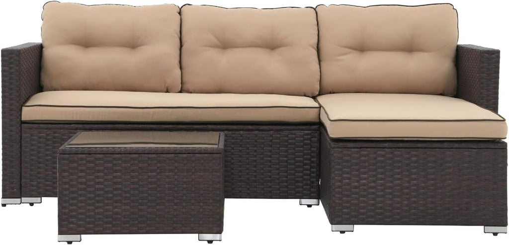 JOIVI Outdoor Patio Furniture Set, Wicker Patio Conversation Set with Tempered Glass Coffee Table, All-Weather Rattan Furniture Small Sectional Sofa Set, L-Shaped Outdoor Seating with Cushions, Brown
