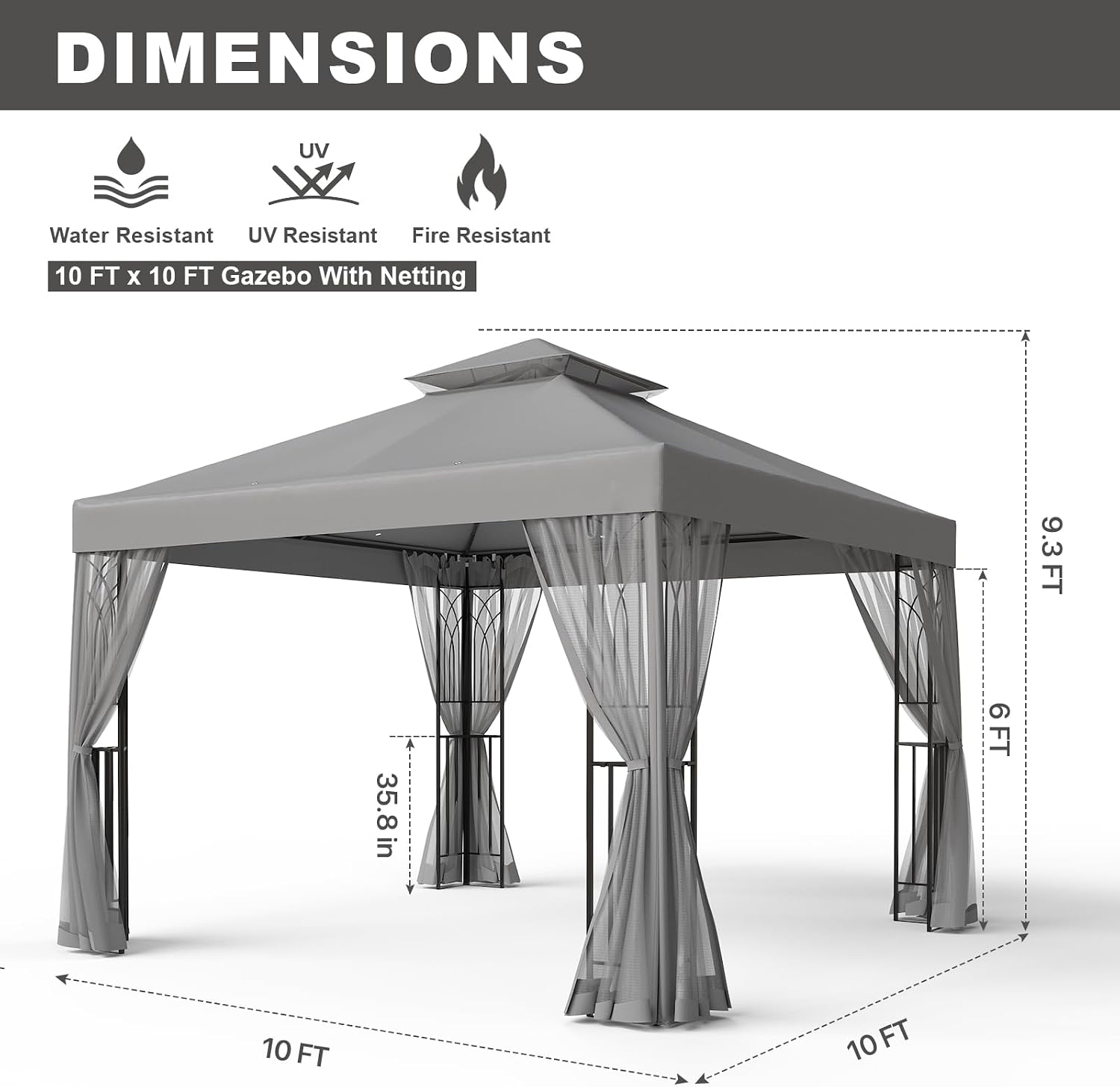 10x10 Outdoor Gazebo Tent with Netting and Corner Shelves, Double Roof Patio Gazebo with Soft Fabric Top, Outdoor Pavilion for Backyard Patio Garden Lawn, Gray
