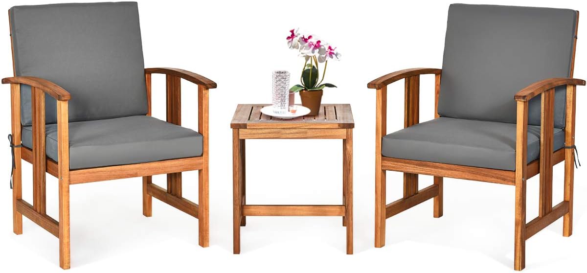 Tangkula 3 Pieces Patio Furniture Set, Includes Set of 2 Outdoor Acacia Wood Cushioned Chairs and Coffee Table, for Garden, Backyard, Poolside, Bistro and Deck, Patio Conversation Chat Set (Gray)