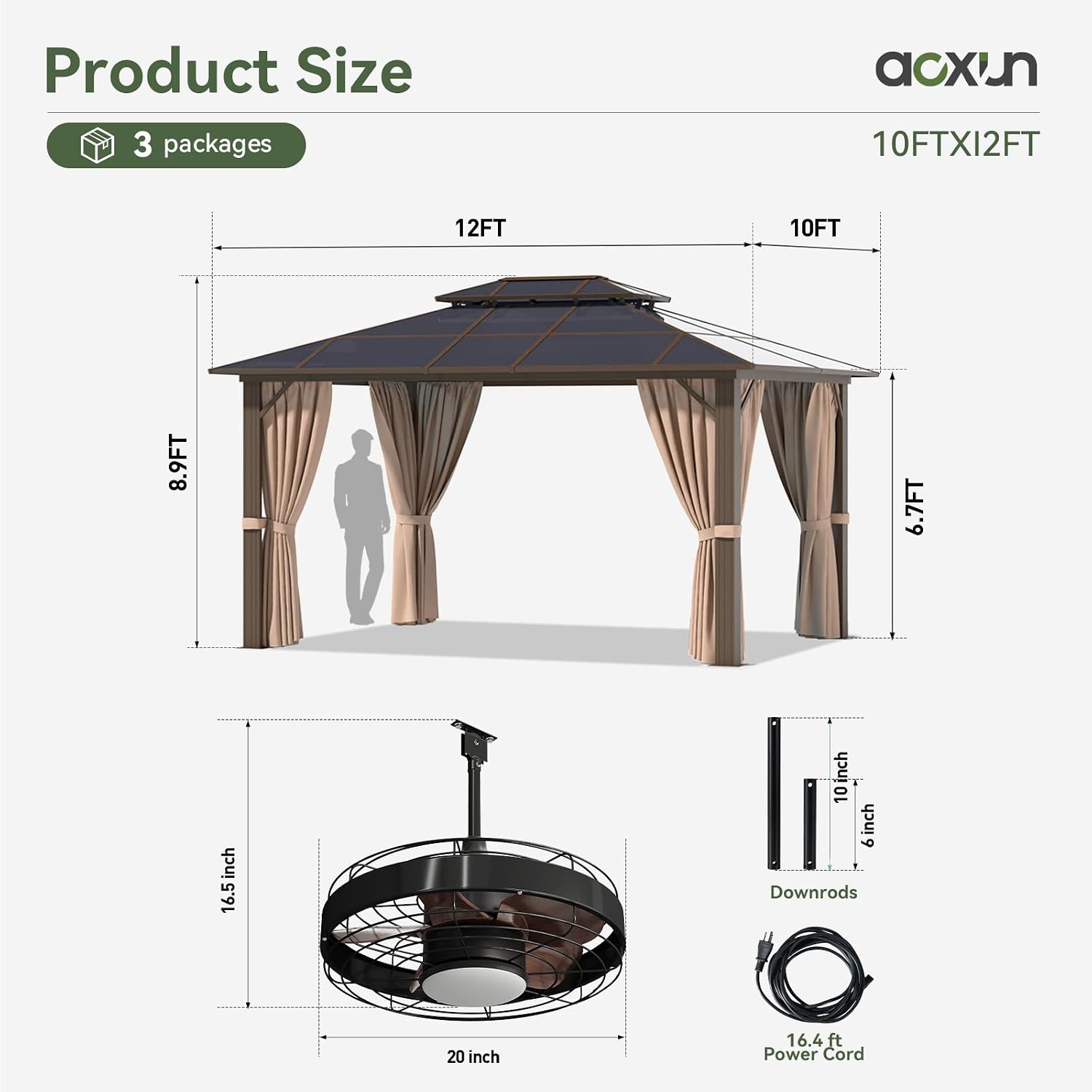 Aoxun 10'x12' Hardtop Gazebo, Aluminum Frame Permanent Pavilion with Netting and Curtains, Outdoor Polycarbonate Double Roof Canopy with Ceiling Fan, Designed for Lawn, Garden, Patio, Brown