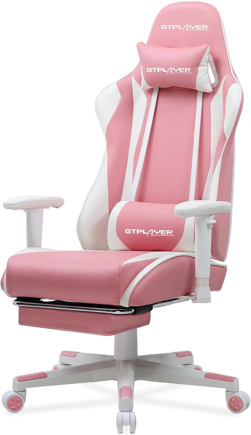 GTPLAYER Gaming Chair with Footrest, Ergonomic Computer Game Desk Chair, Recline Gaming Chair Seat Height Adjustment, Swivel Rocker with Headrest and Lumbar (Pink)