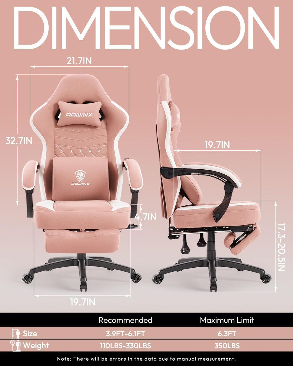 Dowinx Gaming Chair Breathable Fabric Game Chair with Gel Pad and Storage Bag, Comfortable Gamer Chair with Pocket Spring Cushion, Ergonomic Computer Chair with Footrest, Pink and White
