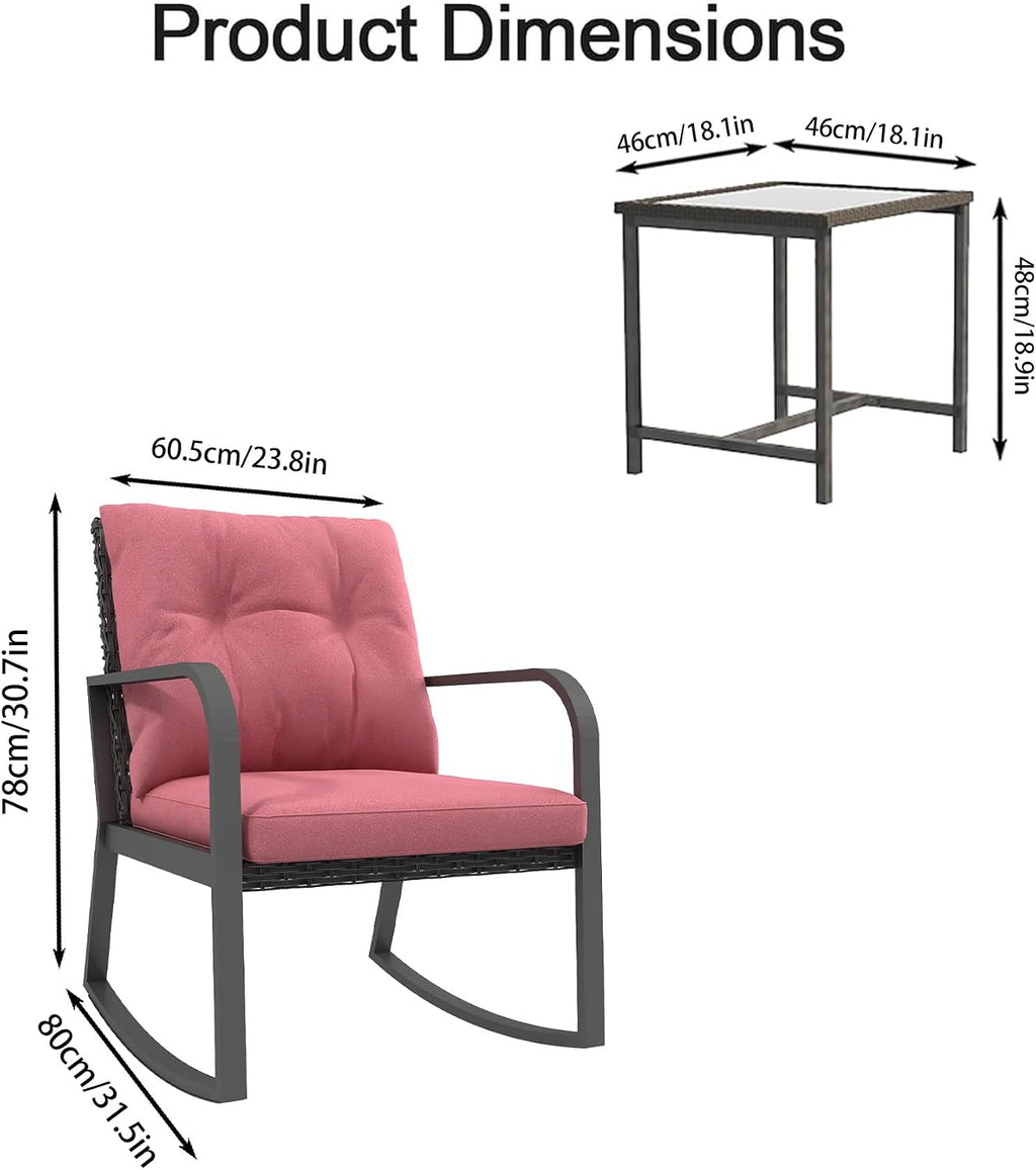 3 Piece Rocking Bistro Patio Set, Outdoor Rocking Chair, Outdoor Bistro Sets Wicker Patio Furniture Rocking Chairs Sectional Couch with Tempered Glass Top Coffee Table & Cushions, Red