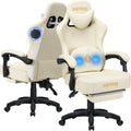 HOFFREE Gaming Chair with Speakers Massage Computer Gaming Chair with Pocket Spring Cushion for Adults Reclining Gamer Chair with Bluetooth Video Game Chairs with Footrest Ivory