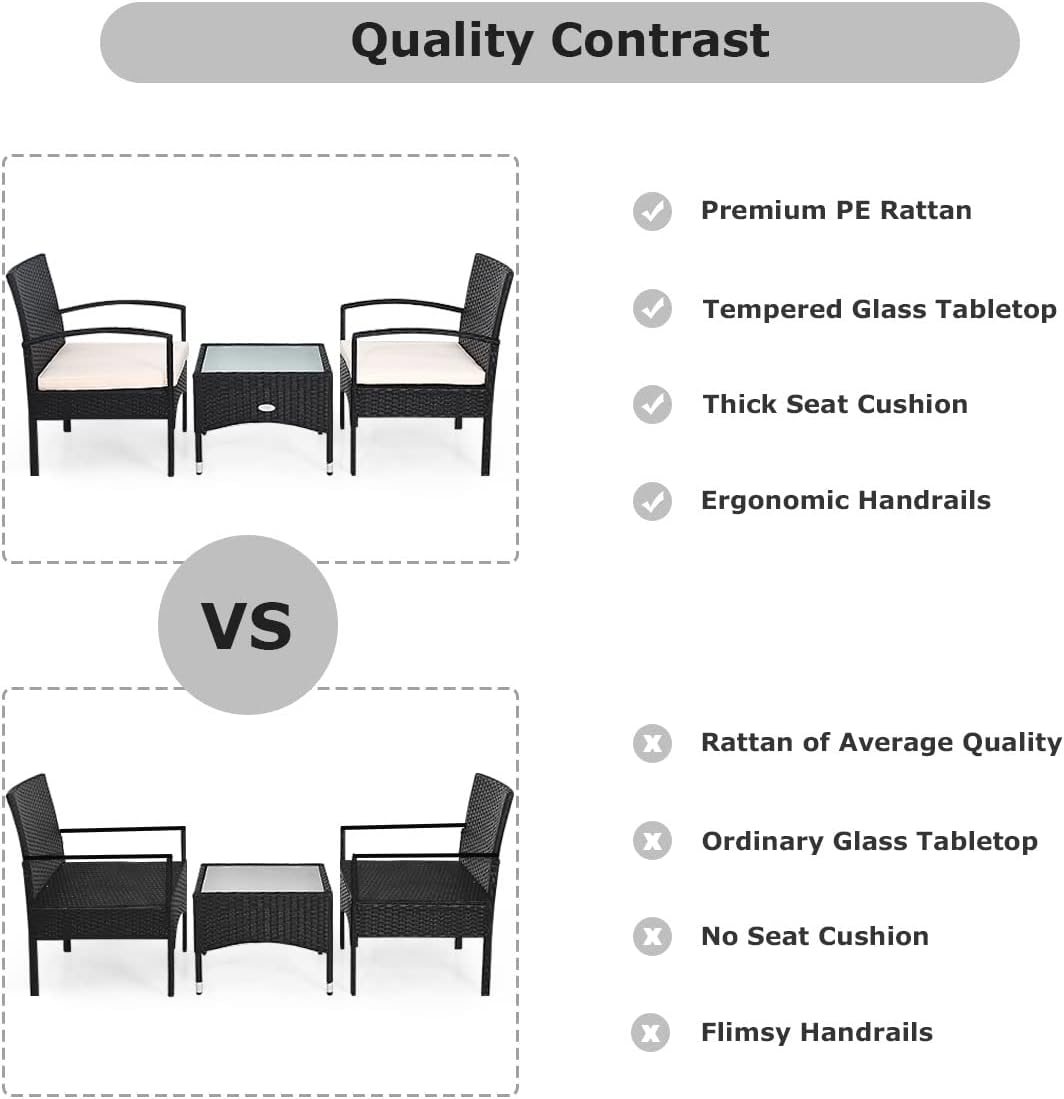 COSTWAY 3 PCS Patio Wicker Conversation Set, PE Rattan Sofa with Tempered Glass Coffee Table, 2 Chairs, 2 Cushions, Outdoor Patio Furniture Set for Yard Porch Bistro Balcony Backyard Pool, White