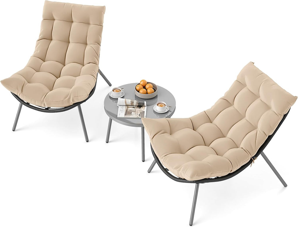 Tangkula 3 Pieces Patio Furniture Set, Outdoor Rattan Wicker Bistro Conversation Set with Cushioned Papasan Chairs and Tempered Glass Coffee Table for Porch, Balcony, Deck and Garden