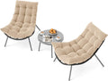 Tangkula 3 Pieces Patio Furniture Set, Outdoor Rattan Wicker Bistro Conversation Set with Cushioned Papasan Chairs and Tempered Glass Coffee Table for Porch, Balcony, Deck and Garden