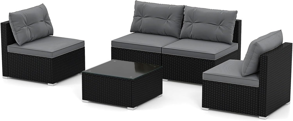 RELAX4LIFE 5-Piece Outdoor Patio Furniture Set, Rattan Sectional Sofa Set w/Glass-Top Coffee Table, Soft Seat & Back Cushions, Bistro Set for Garden Backyard Porch, Wicker Conversation Set (Grey)