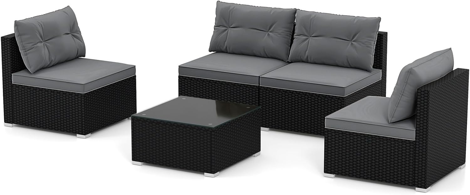 RELAX4LIFE 5-Piece Outdoor Patio Furniture Set, Rattan Sectional Sofa Set w/Glass-Top Coffee Table, Soft Seat & Back Cushions, Bistro Set for Garden Backyard Porch, Wicker Conversation Set (Grey)
