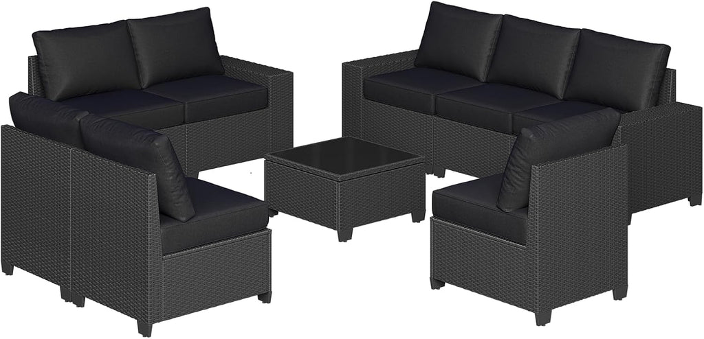 Aoxun Patio Furniture Set, 9 Pcs Outdoor Patio Furniture Sets with 4 in Thicken Cushion, Widen Armrests Wicker Outdoor Sectional for Backyard & Garden, Black