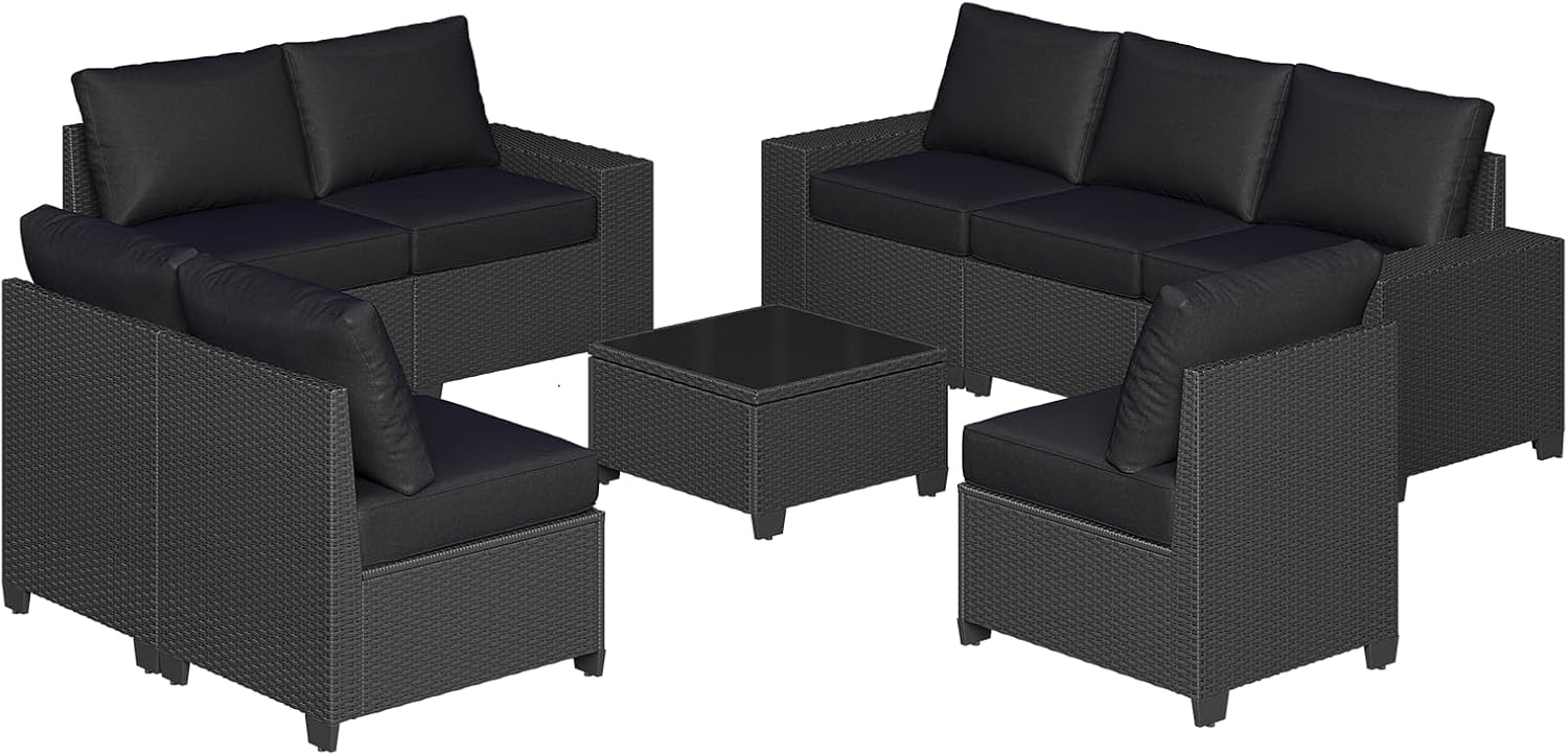 Aoxun Patio Furniture Set, 9 Pcs Outdoor Patio Furniture Sets with 4 in Thicken Cushion, Widen Armrests Wicker Outdoor Sectional for Backyard & Garden, Black